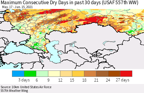 Russian Federation Maximum Consecutive Dry Days in past 30 days (USAF 557th WW) 06/15/2021 Thematic Map For 6/11/2021 - 6/15/2021