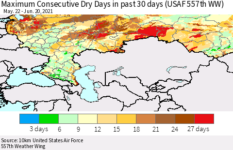 Russian Federation Maximum Consecutive Dry Days in past 30 days (USAF 557th WW) 06/20/2021 Thematic Map For 6/16/2021 - 6/20/2021
