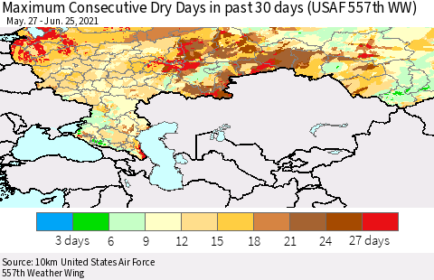 Russian Federation Maximum Consecutive Dry Days in past 30 days (USAF 557th WW) 06/25/2021 Thematic Map For 6/21/2021 - 6/25/2021