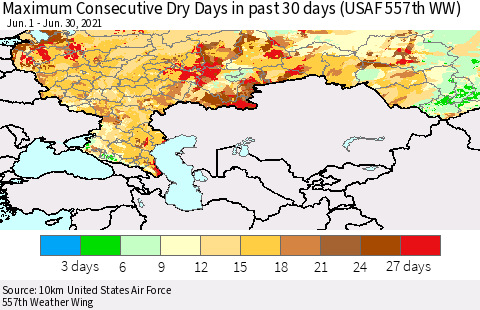 Russian Federation Maximum Consecutive Dry Days in past 30 days (USAF 557th WW) 06/30/2021 Thematic Map For 6/26/2021 - 6/30/2021