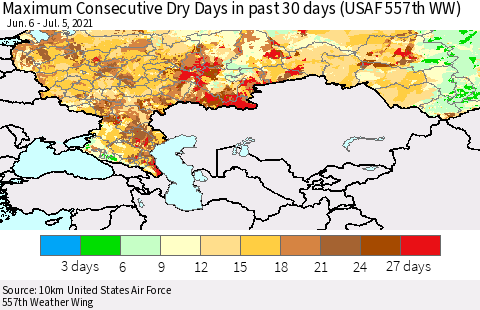 Russian Federation Maximum Consecutive Dry Days in past 30 days (USAF 557th WW) 07/05/2021 Thematic Map For 7/1/2021 - 7/5/2021