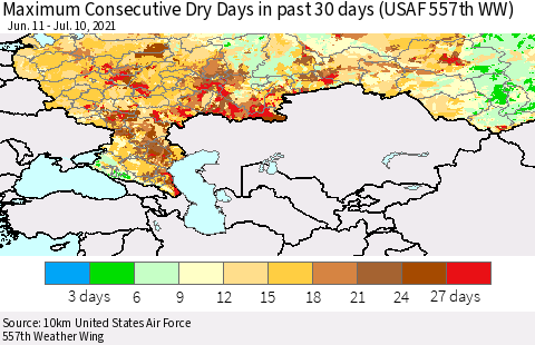 Russian Federation Maximum Consecutive Dry Days in past 30 days (USAF 557th WW) 07/10/2021 Thematic Map For 7/6/2021 - 7/10/2021