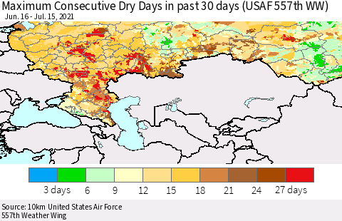Russian Federation Maximum Consecutive Dry Days in past 30 days (USAF 557th WW) 07/15/2021 Thematic Map For 7/11/2021 - 7/15/2021