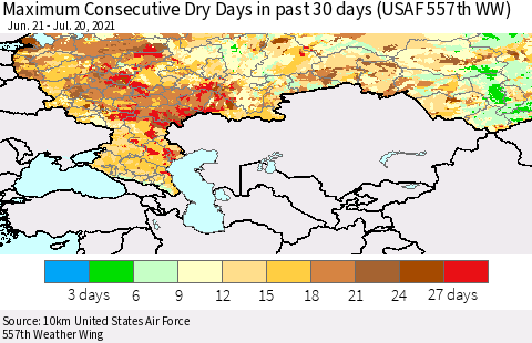 Russian Federation Maximum Consecutive Dry Days in past 30 days (USAF 557th WW) 07/20/2021 Thematic Map For 7/16/2021 - 7/20/2021