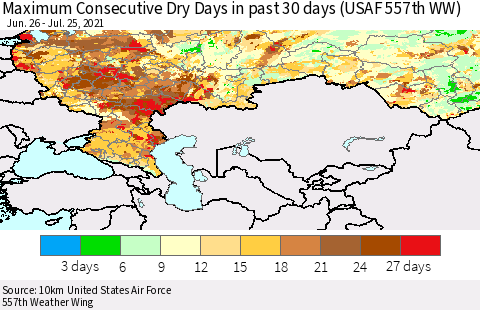 Russian Federation Maximum Consecutive Dry Days in past 30 days (USAF 557th WW) 07/25/2021 Thematic Map For 7/21/2021 - 7/25/2021