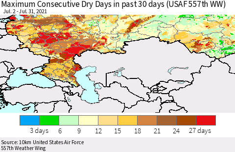 Russian Federation Maximum Consecutive Dry Days in past 30 days (USAF 557th WW) 07/31/2021 Thematic Map For 7/26/2021 - 7/31/2021