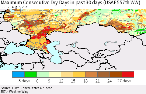 Russian Federation Maximum Consecutive Dry Days in past 30 days (USAF 557th WW) 08/05/2021 Thematic Map For 8/1/2021 - 8/5/2021