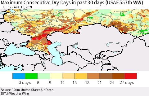 Russian Federation Maximum Consecutive Dry Days in past 30 days (USAF 557th WW) 08/10/2021 Thematic Map For 8/6/2021 - 8/10/2021