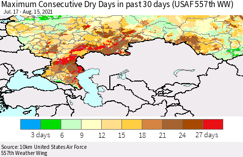 Russian Federation Maximum Consecutive Dry Days in past 30 days (USAF 557th WW) 08/15/2021 Thematic Map For 8/11/2021 - 8/15/2021