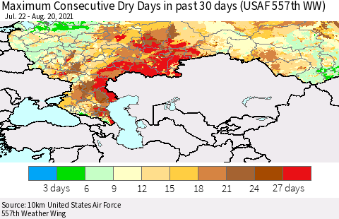 Russian Federation Maximum Consecutive Dry Days in past 30 days (USAF 557th WW) 08/20/2021 Thematic Map For 8/16/2021 - 8/20/2021