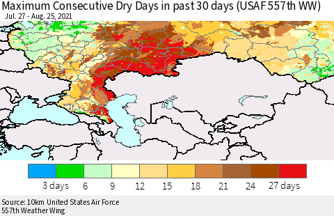 Russian Federation Maximum Consecutive Dry Days in past 30 days (USAF 557th WW) 08/25/2021 Thematic Map For 8/21/2021 - 8/25/2021