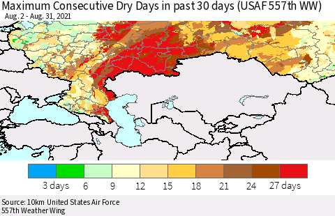 Russian Federation Maximum Consecutive Dry Days in past 30 days (USAF 557th WW) 08/31/2021 Thematic Map For 8/26/2021 - 8/31/2021