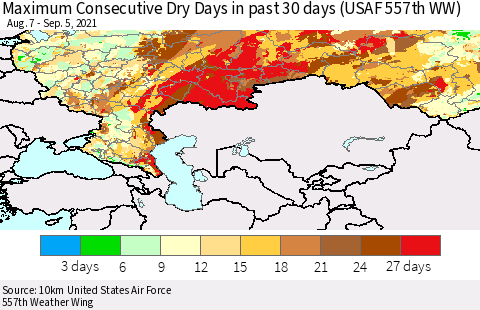 Russian Federation Maximum Consecutive Dry Days in past 30 days (USAF 557th WW) 09/05/2021 Thematic Map For 9/1/2021 - 9/5/2021