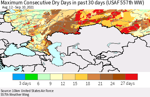 Russian Federation Maximum Consecutive Dry Days in past 30 days (USAF 557th WW) 09/10/2021 Thematic Map For 9/6/2021 - 9/10/2021