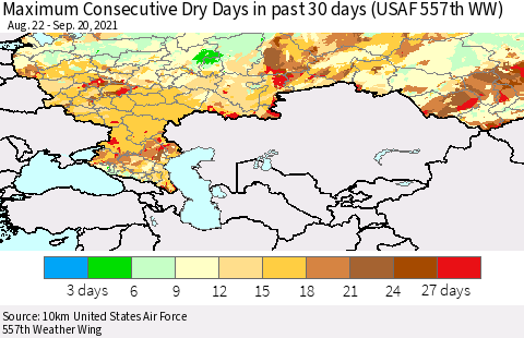 Russian Federation Maximum Consecutive Dry Days in past 30 days (USAF 557th WW) 09/20/2021 Thematic Map For 9/16/2021 - 9/20/2021