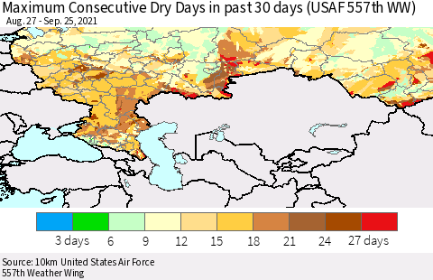 Russian Federation Maximum Consecutive Dry Days in past 30 days (USAF 557th WW) 09/25/2021 Thematic Map For 9/21/2021 - 9/25/2021