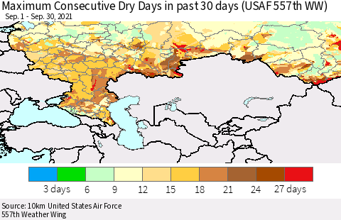 Russian Federation Maximum Consecutive Dry Days in past 30 days (USAF 557th WW) 09/30/2021 Thematic Map For 9/26/2021 - 9/30/2021