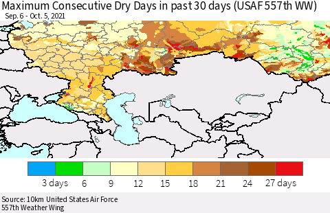 Russian Federation Maximum Consecutive Dry Days in past 30 days (USAF 557th WW) 10/05/2021 Thematic Map For 10/1/2021 - 10/5/2021