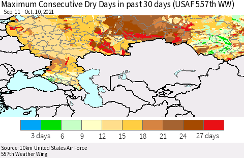 Russian Federation Maximum Consecutive Dry Days in past 30 days (USAF 557th WW) 10/10/2021 Thematic Map For 10/6/2021 - 10/10/2021