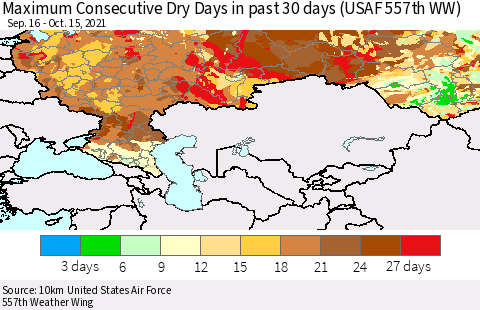 Russian Federation Maximum Consecutive Dry Days in past 30 days (USAF 557th WW) 10/15/2021 Thematic Map For 10/11/2021 - 10/15/2021