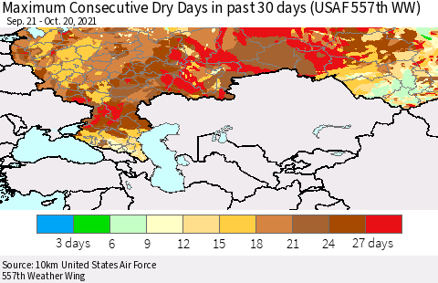 Russian Federation Maximum Consecutive Dry Days in past 30 days (USAF 557th WW) 10/20/2021 Thematic Map For 10/16/2021 - 10/20/2021