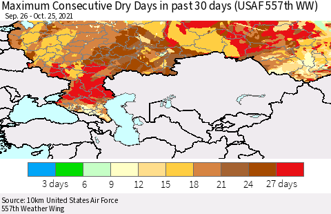Russian Federation Maximum Consecutive Dry Days in past 30 days (USAF 557th WW) 10/25/2021 Thematic Map For 10/21/2021 - 10/25/2021