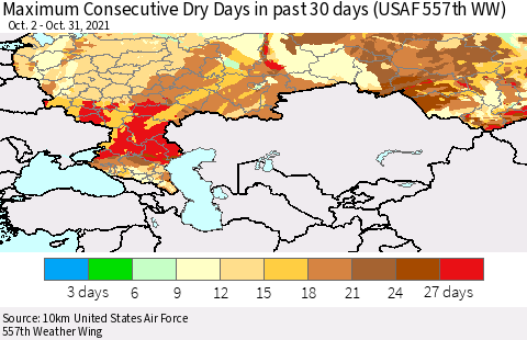 Russian Federation Maximum Consecutive Dry Days in past 30 days (USAF 557th WW) 10/31/2021 Thematic Map For 10/26/2021 - 10/31/2021
