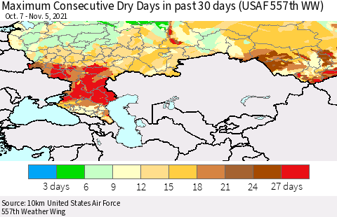 Russian Federation Maximum Consecutive Dry Days in past 30 days (USAF 557th WW) 11/05/2021 Thematic Map For 11/1/2021 - 11/5/2021