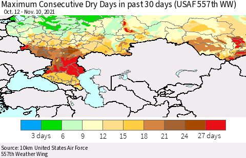 Russian Federation Maximum Consecutive Dry Days in past 30 days (USAF 557th WW) 11/10/2021 Thematic Map For 11/6/2021 - 11/10/2021