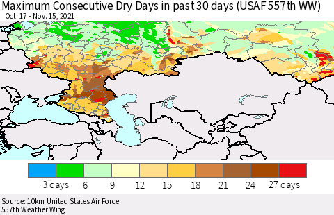 Russian Federation Maximum Consecutive Dry Days in past 30 days (USAF 557th WW) 11/15/2021 Thematic Map For 11/11/2021 - 11/15/2021