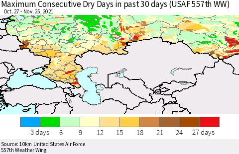 Russian Federation Maximum Consecutive Dry Days in past 30 days (USAF 557th WW) 11/25/2021 Thematic Map For 11/21/2021 - 11/25/2021