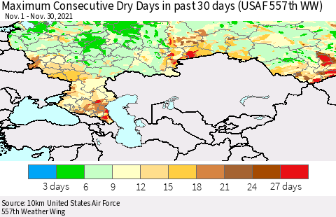 Russian Federation Maximum Consecutive Dry Days in past 30 days (USAF 557th WW) 11/30/2021 Thematic Map For 11/26/2021 - 11/30/2021