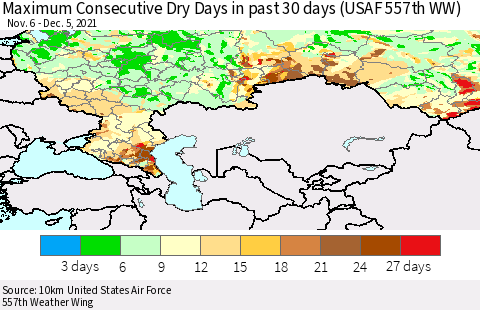 Russian Federation Maximum Consecutive Dry Days in past 30 days (USAF 557th WW) 12/05/2021 Thematic Map For 12/1/2021 - 12/5/2021