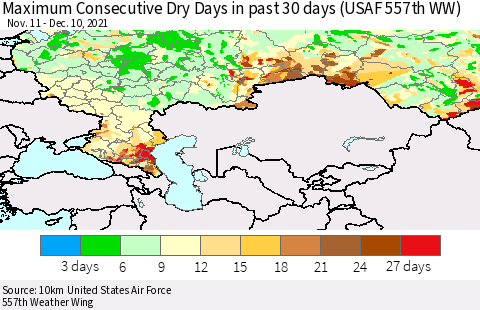 Russian Federation Maximum Consecutive Dry Days in past 30 days (USAF 557th WW) 12/10/2021 Thematic Map For 12/6/2021 - 12/10/2021