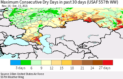 Russian Federation Maximum Consecutive Dry Days in past 30 days (USAF 557th WW) 12/15/2021 Thematic Map For 12/11/2021 - 12/15/2021