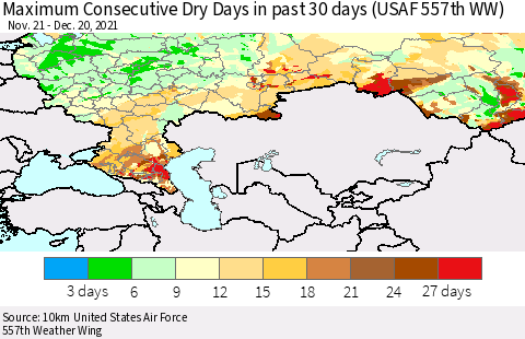 Russian Federation Maximum Consecutive Dry Days in past 30 days (USAF 557th WW) 12/20/2021 Thematic Map For 12/16/2021 - 12/20/2021