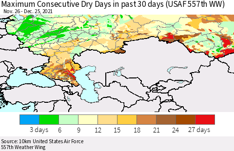 Russian Federation Maximum Consecutive Dry Days in past 30 days (USAF 557th WW) 12/25/2021 Thematic Map For 12/21/2021 - 12/25/2021