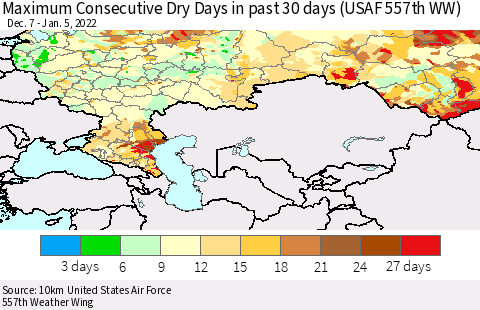 Russian Federation Maximum Consecutive Dry Days in past 30 days (USAF 557th WW) 01/05/2022 Thematic Map For 1/1/2022 - 1/5/2022