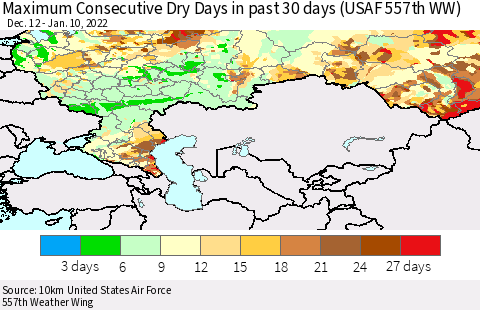 Russian Federation Maximum Consecutive Dry Days in past 30 days (USAF 557th WW) 01/10/2022 Thematic Map For 1/6/2022 - 1/10/2022