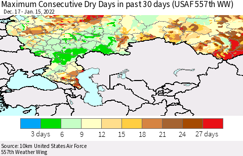 Russian Federation Maximum Consecutive Dry Days in past 30 days (USAF 557th WW) 01/15/2022 Thematic Map For 1/11/2022 - 1/15/2022
