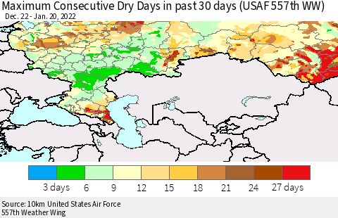 Russian Federation Maximum Consecutive Dry Days in past 30 days (USAF 557th WW) 01/20/2022 Thematic Map For 1/16/2022 - 1/20/2022