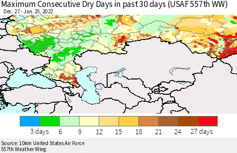 Russian Federation Maximum Consecutive Dry Days in past 30 days (USAF 557th WW) 01/25/2022 Thematic Map For 1/21/2022 - 1/25/2022
