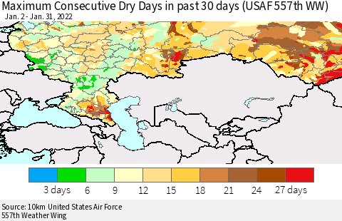 Russian Federation Maximum Consecutive Dry Days in past 30 days (USAF 557th WW) 01/31/2022 Thematic Map For 1/26/2022 - 1/31/2022