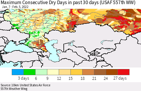 Russian Federation Maximum Consecutive Dry Days in past 30 days (USAF 557th WW) 02/05/2022 Thematic Map For 2/1/2022 - 2/5/2022