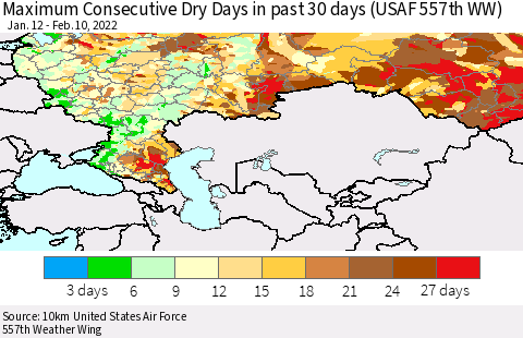 Russian Federation Maximum Consecutive Dry Days in past 30 days (USAF 557th WW) 02/10/2022 Thematic Map For 2/6/2022 - 2/10/2022