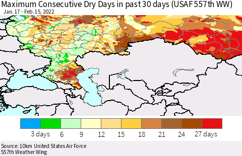 Russian Federation Maximum Consecutive Dry Days in past 30 days (USAF 557th WW) 02/15/2022 Thematic Map For 2/11/2022 - 2/15/2022