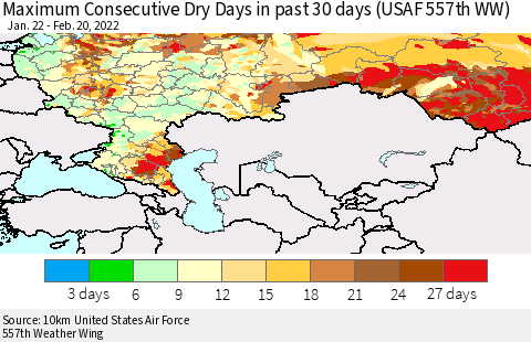 Russian Federation Maximum Consecutive Dry Days in past 30 days (USAF 557th WW) 02/20/2022 Thematic Map For 2/16/2022 - 2/20/2022