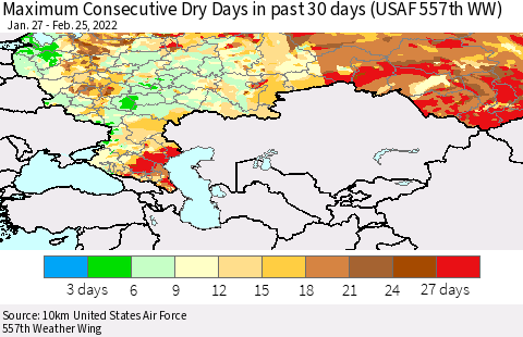 Russian Federation Maximum Consecutive Dry Days in past 30 days (USAF 557th WW) 02/25/2022 Thematic Map For 2/21/2022 - 2/25/2022