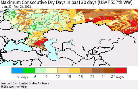 Russian Federation Maximum Consecutive Dry Days in past 30 days (USAF 557th WW) 02/28/2022 Thematic Map For 2/26/2022 - 2/28/2022