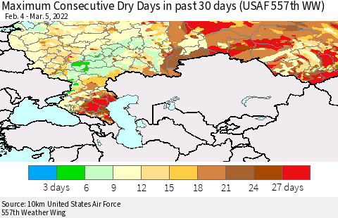 Russian Federation Maximum Consecutive Dry Days in past 30 days (USAF 557th WW) 03/05/2022 Thematic Map For 3/1/2022 - 3/5/2022